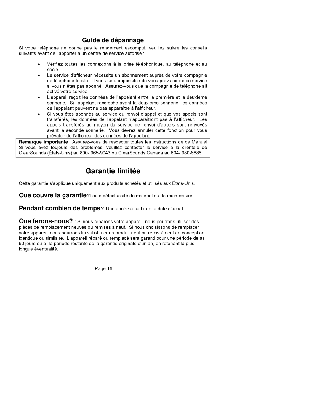 ClearSounds CST25 user manual Garantie limitée, Guide de dépannage 