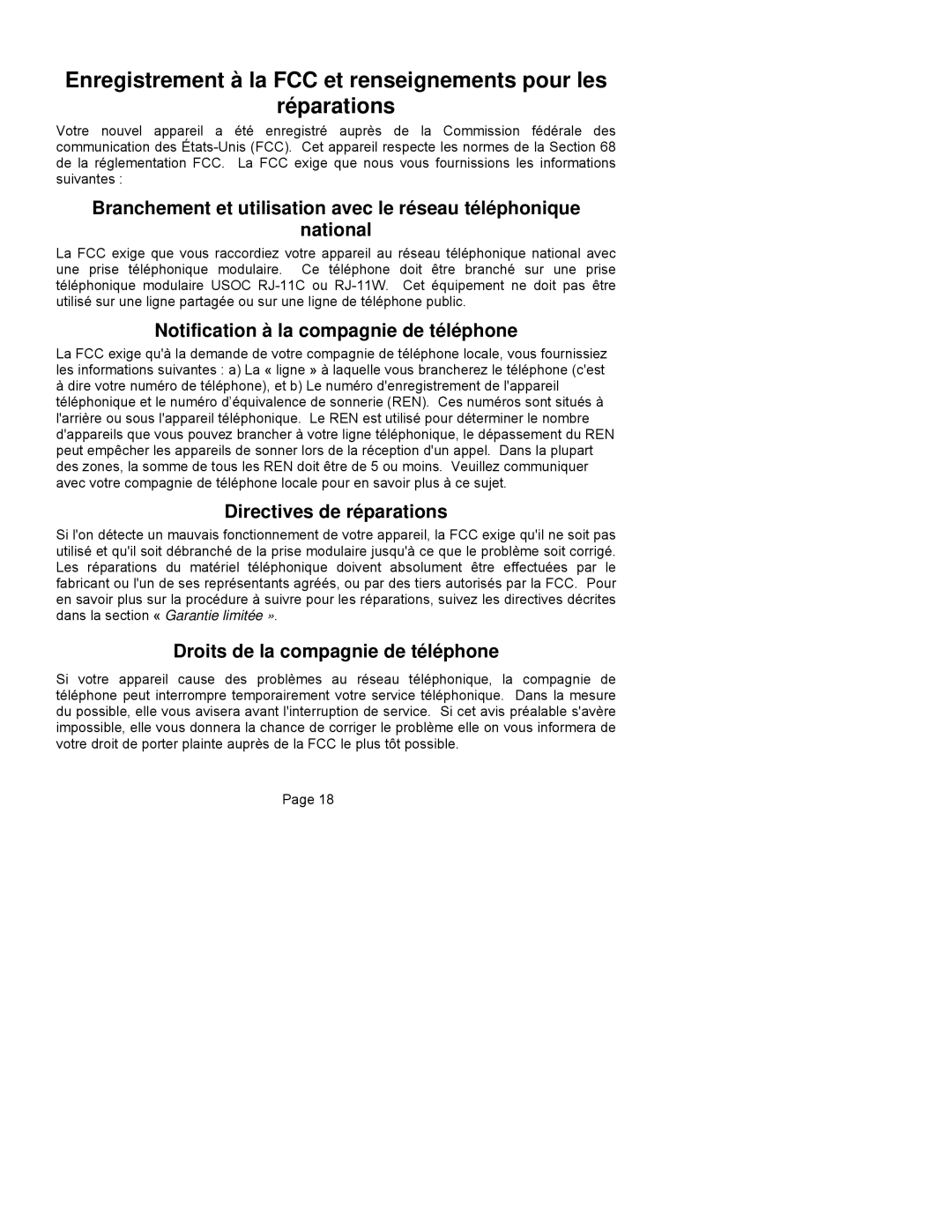 ClearSounds CST25 Notification à la compagnie de téléphone, Directives de réparations, Droits de la compagnie de téléphone 