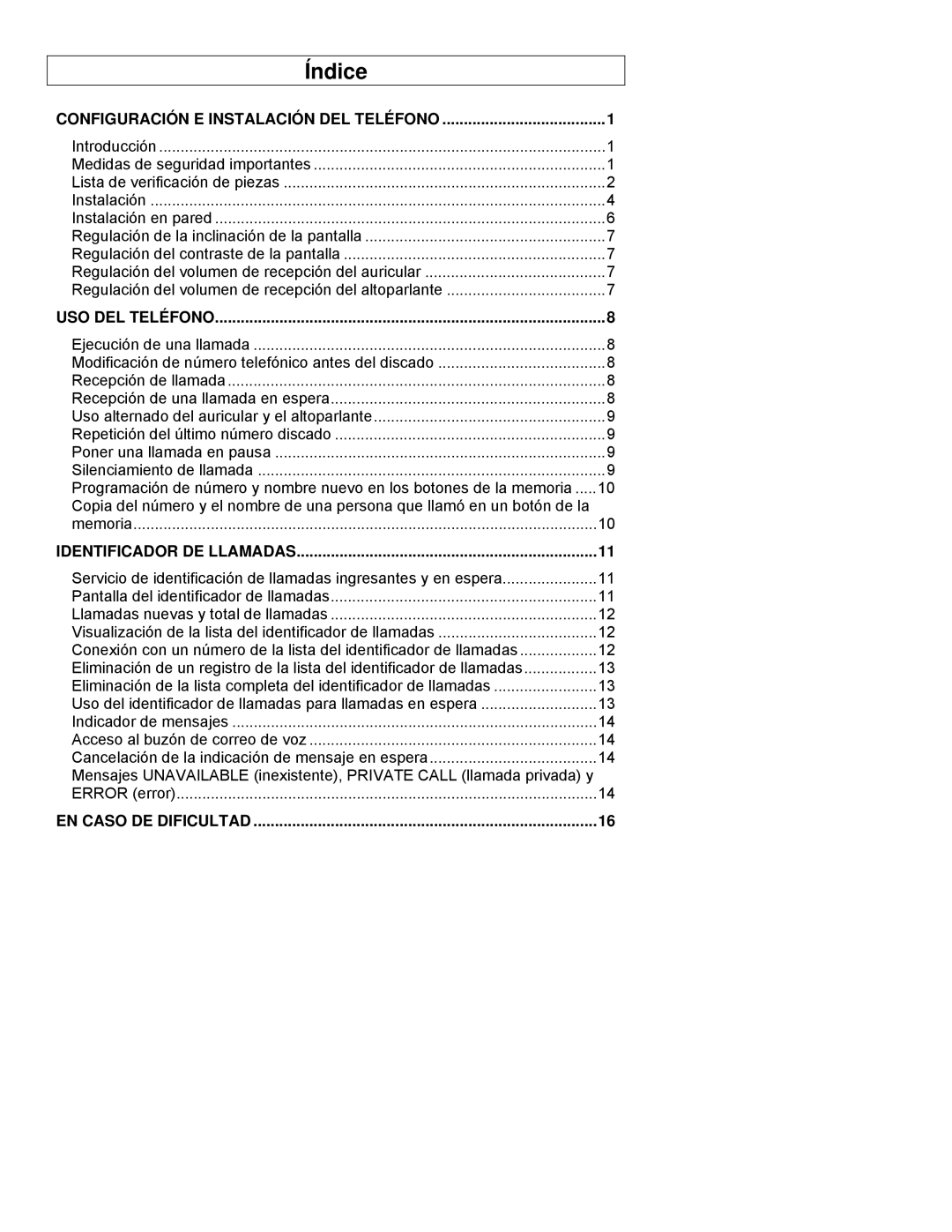 ClearSounds CST25 user manual Índice, Configuración E Instalación DEL Teléfono, USO DEL Teléfono, Identificador DE Llamadas 