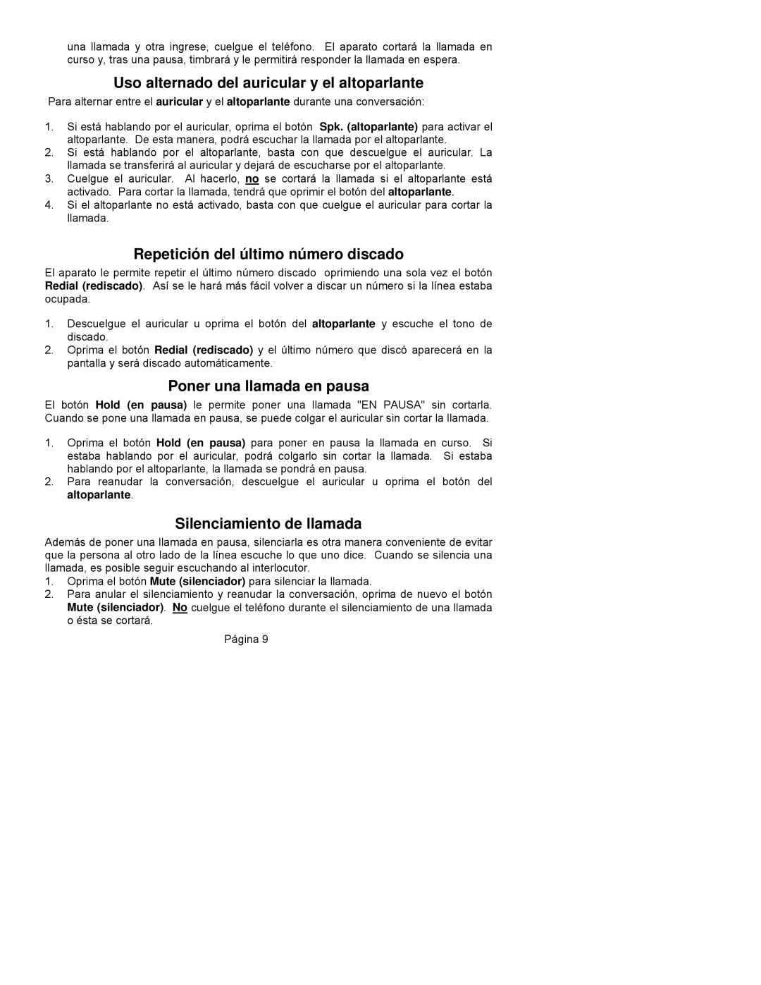 ClearSounds CST25 user manual Uso alternado del auricular y el altoparlante, Repetición del último número discado 