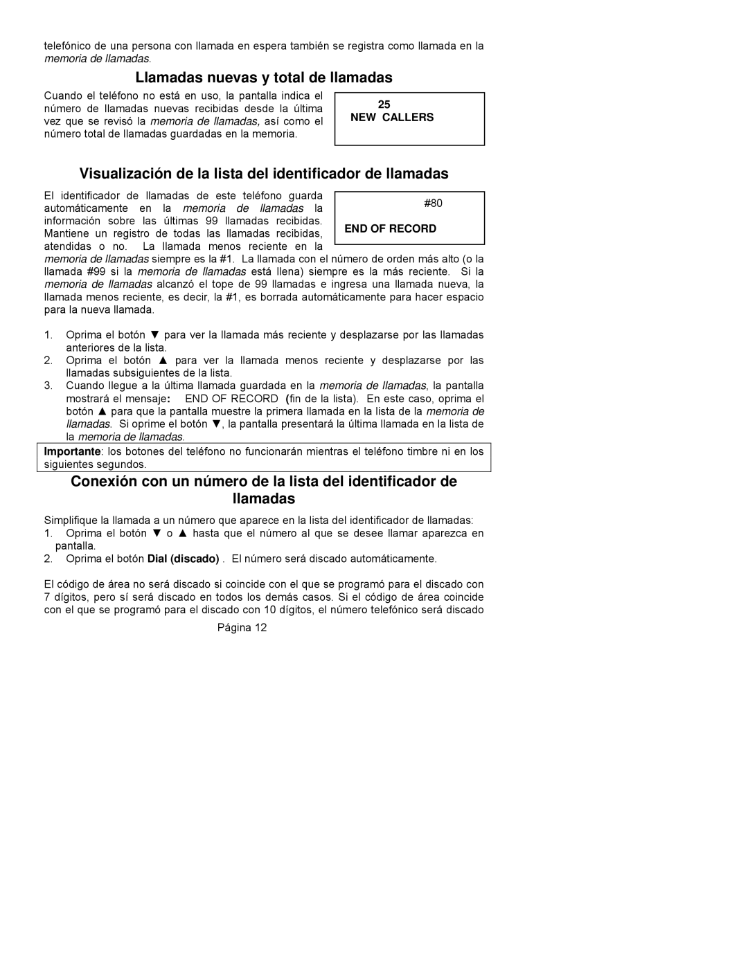 ClearSounds CST25 user manual Llamadas nuevas y total de llamadas, Visualización de la lista del identificador de llamadas 