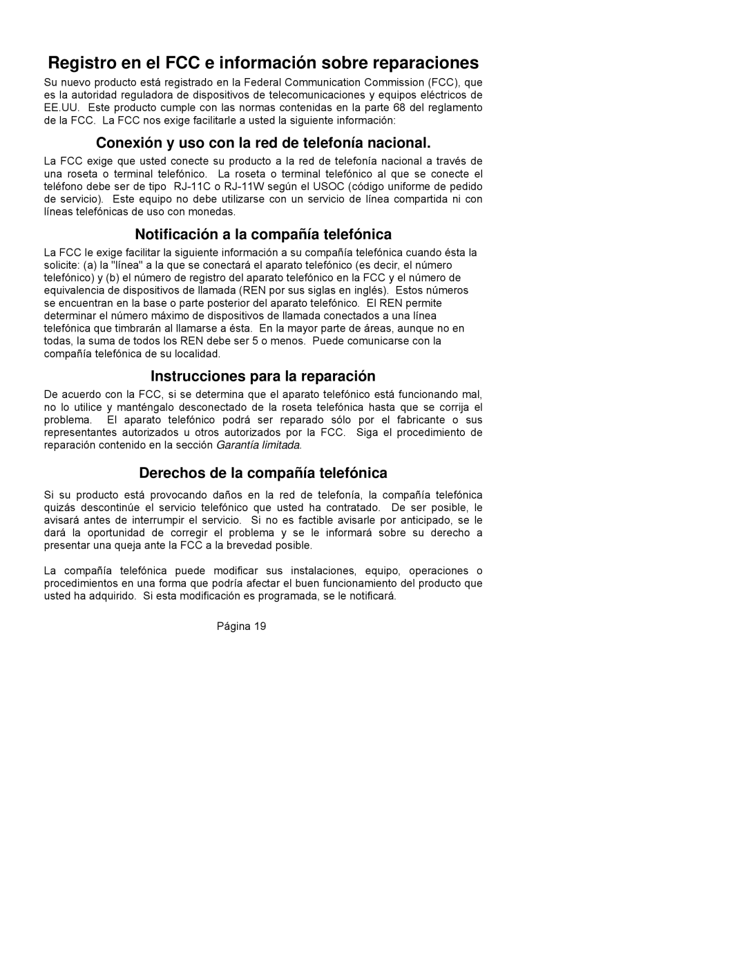 ClearSounds CST25 Registro en el FCC e información sobre reparaciones, Conexión y uso con la red de telefonía nacional 