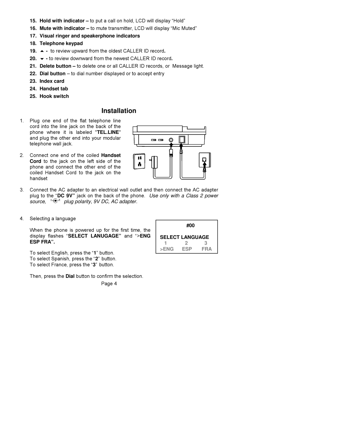 ClearSounds CST25 user manual Installation, Esp Fra, Select Language 