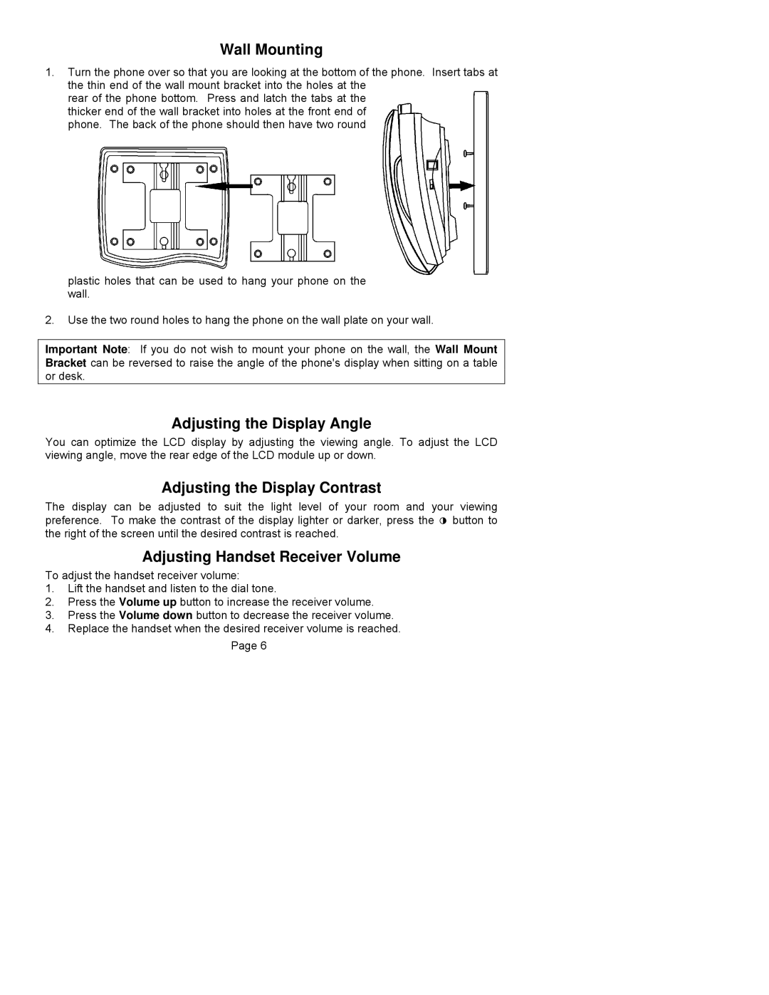 ClearSounds CST25 user manual Wall Mounting, Adjusting the Display Angle, Adjusting the Display Contrast 