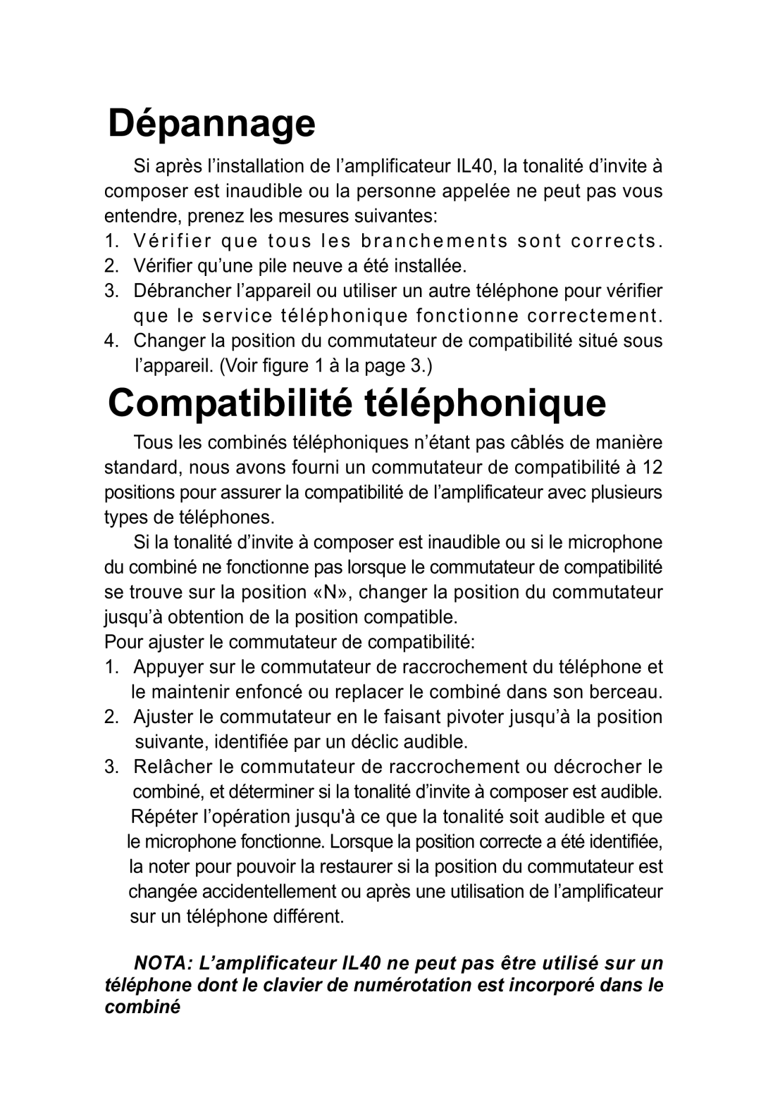 ClearSounds IL40 manual Dépannage, Compatibilité téléphonique 