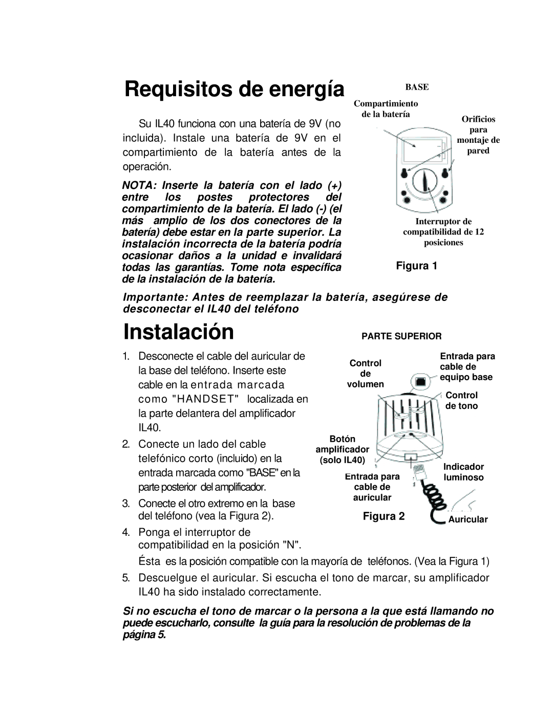 ClearSounds IL40 manual Requisitos de energía, Instalación 