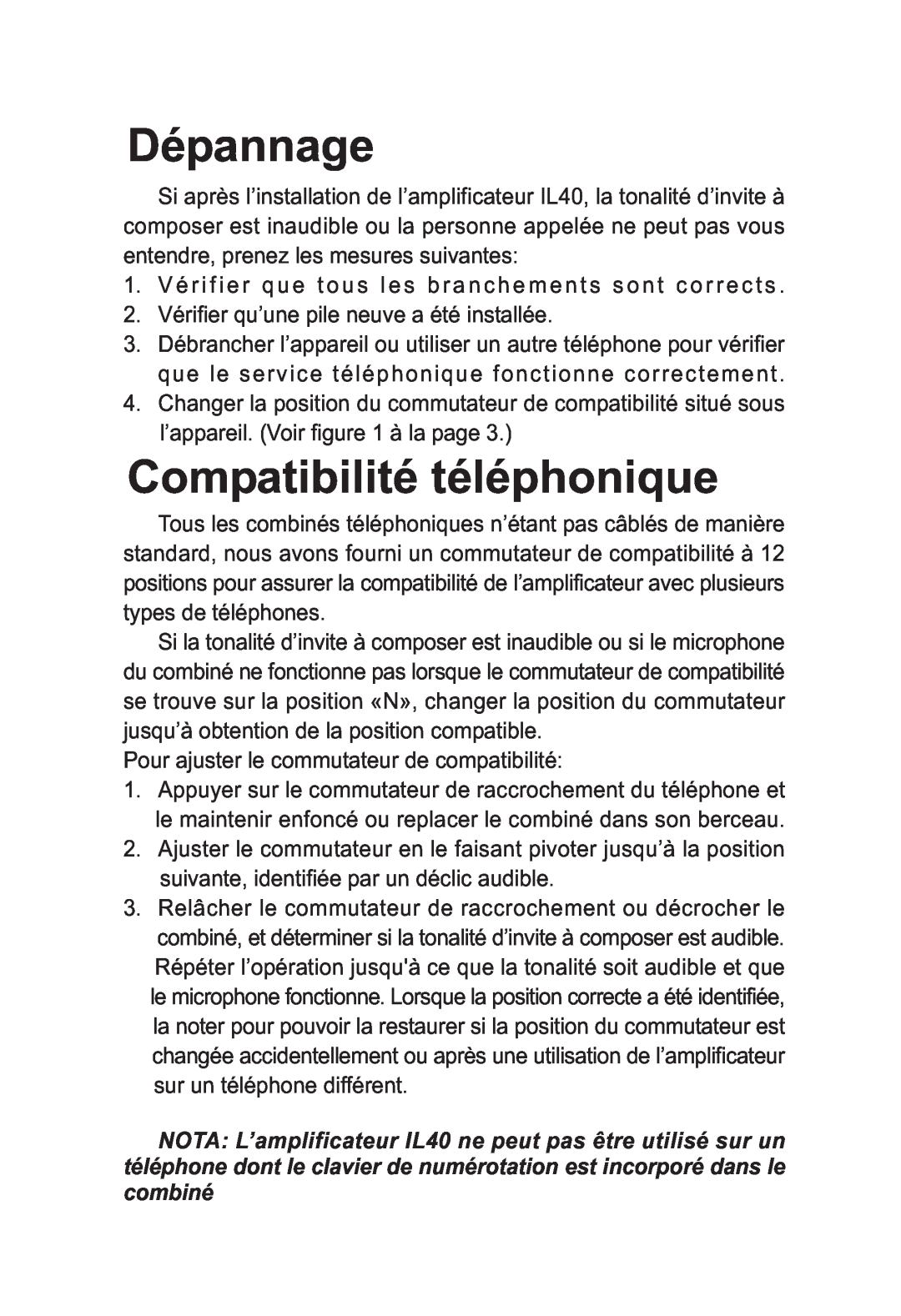 ClearSounds IL40 manual Dépannage, Compatibilité téléphonique 