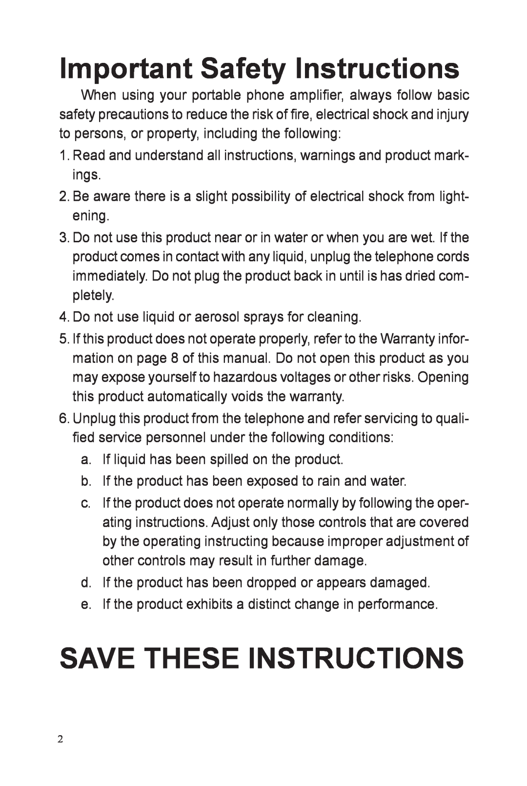 ClearSounds IL40 manual Important Safety Instructions, Save These Instructions 