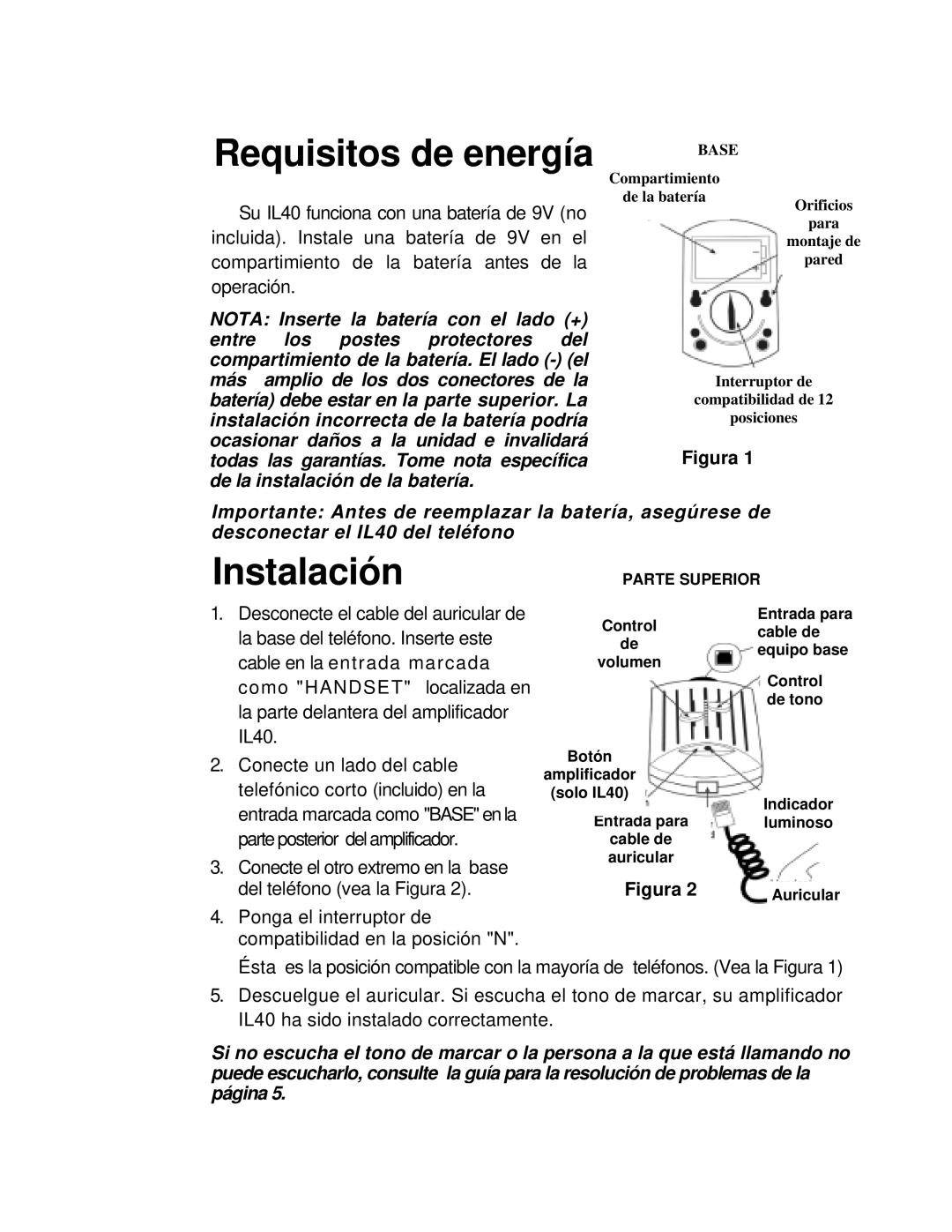 ClearSounds IL40 manual Requisitos de energía, Instalación, Figura 