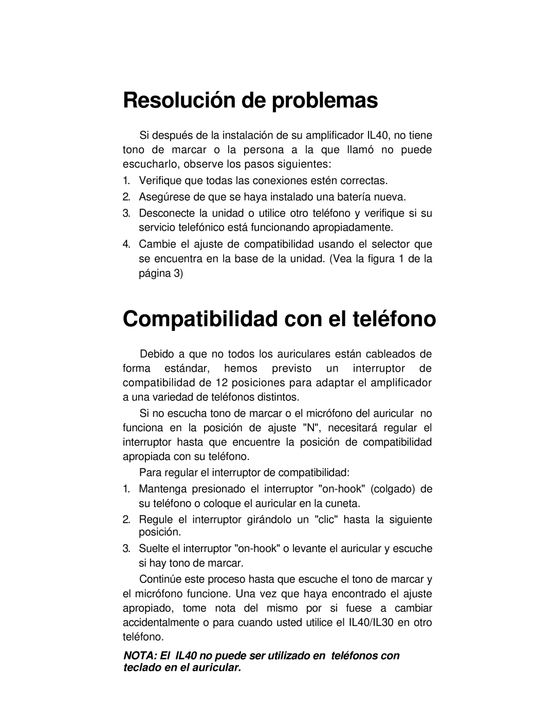 ClearSounds IL40 manual Resolución de problemas, Compatibilidad con el teléfono 