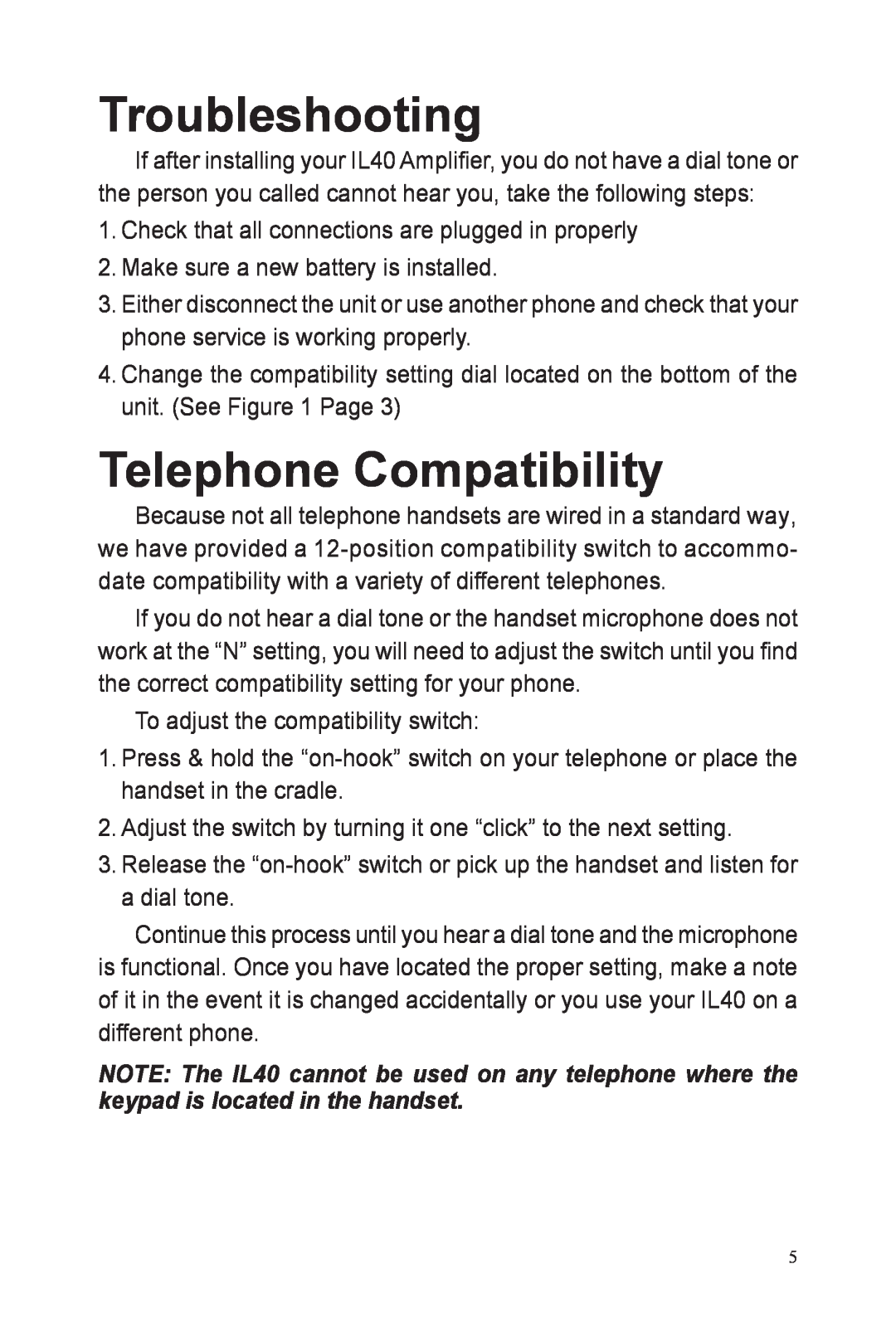 ClearSounds IL40 manual Troubleshooting, Telephone Compatibility 