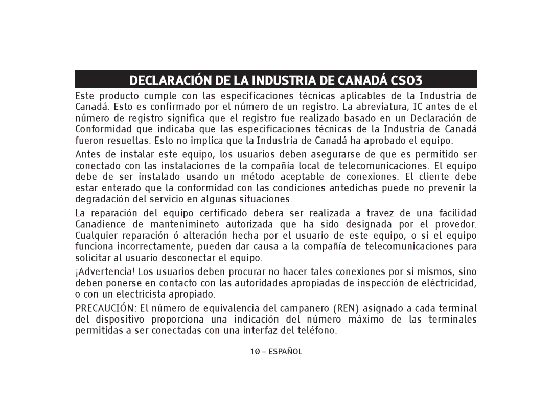 ClearSounds IL95, V508 manual Declaración de la Industria de Canadá CS03 