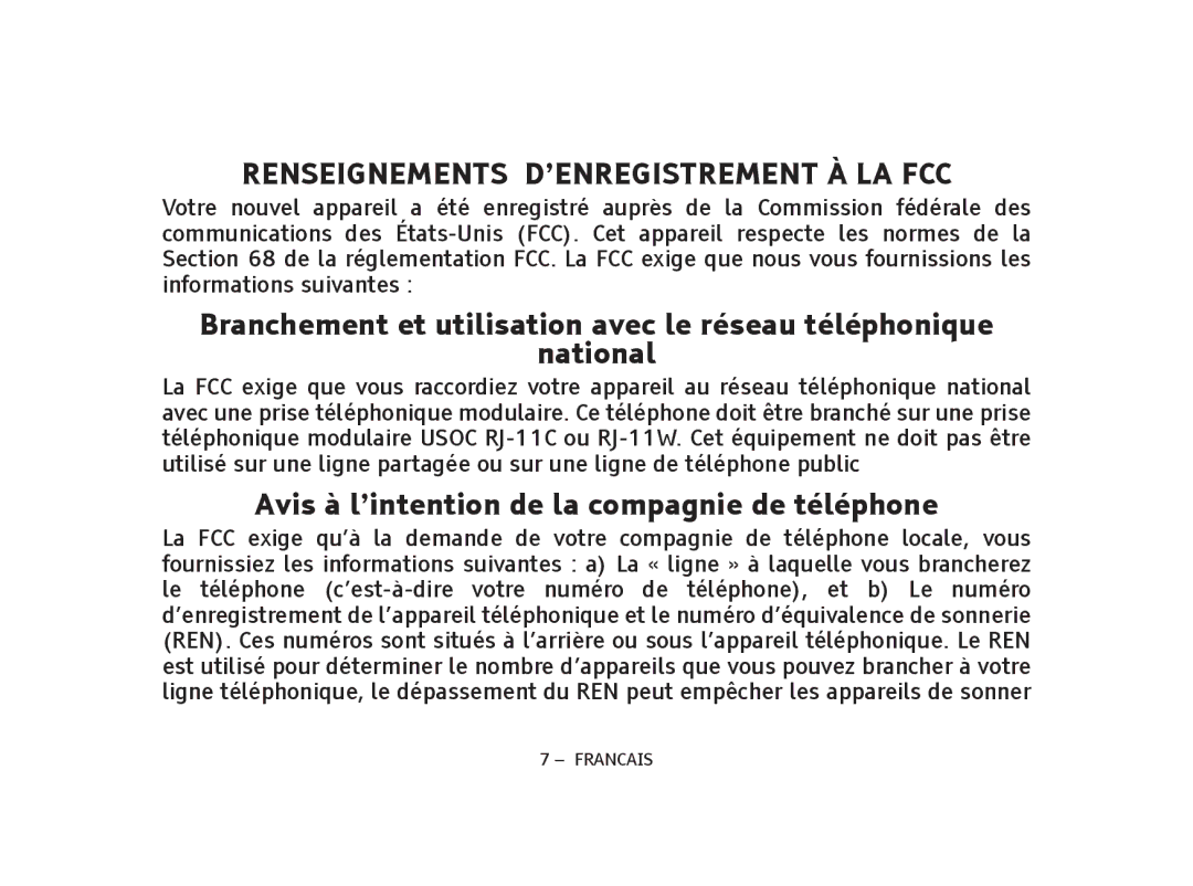 ClearSounds V508, IL95 manual Renseignements D’ENREGISTREMENT À LA FCC, Avis à l’intention de la compagnie de téléphone 