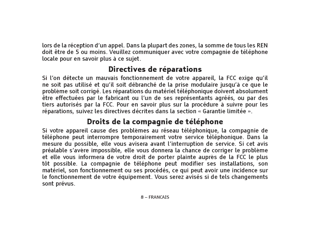 ClearSounds IL95, V508 manual Directives de réparations, Droits de la compagnie de téléphone 