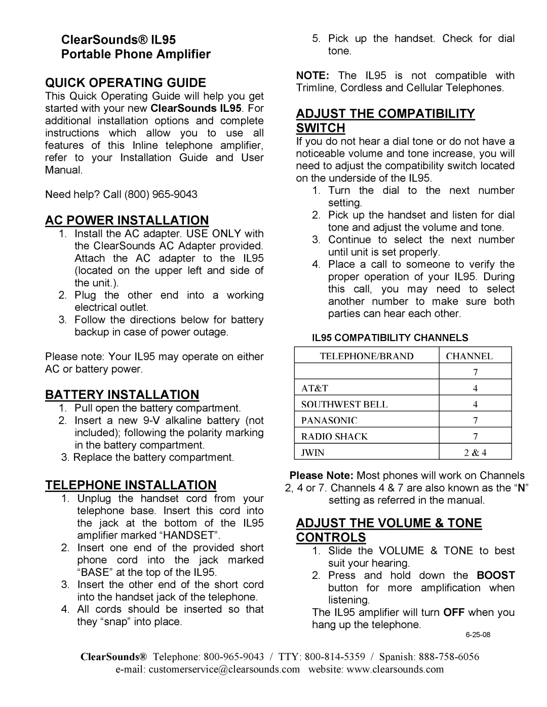 ClearSounds IL95 user manual Quick Operating Guide, AC Power Installation, Battery Installation, Telephone Installation 