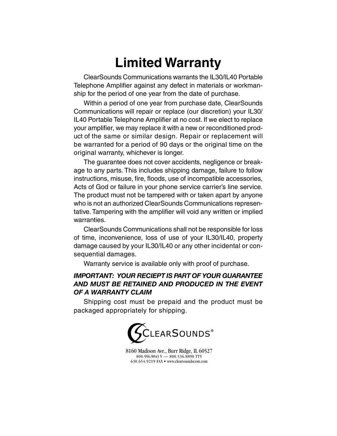ClearSounds Portable Telephone Amplifier manual Limited Warranty 