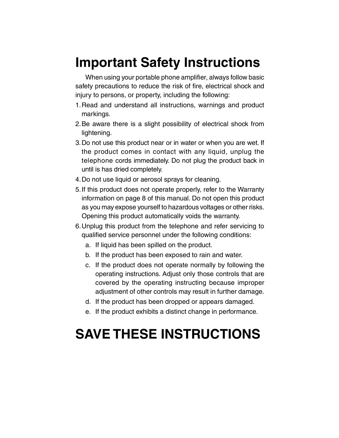 ClearSounds Portable Telephone Amplifier manual Save These Instructions 