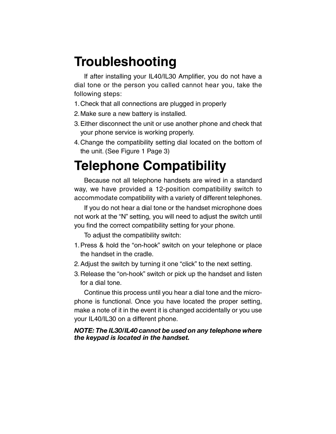 ClearSounds Portable Telephone Amplifier manual Troubleshooting, Telephone Compatibility 
