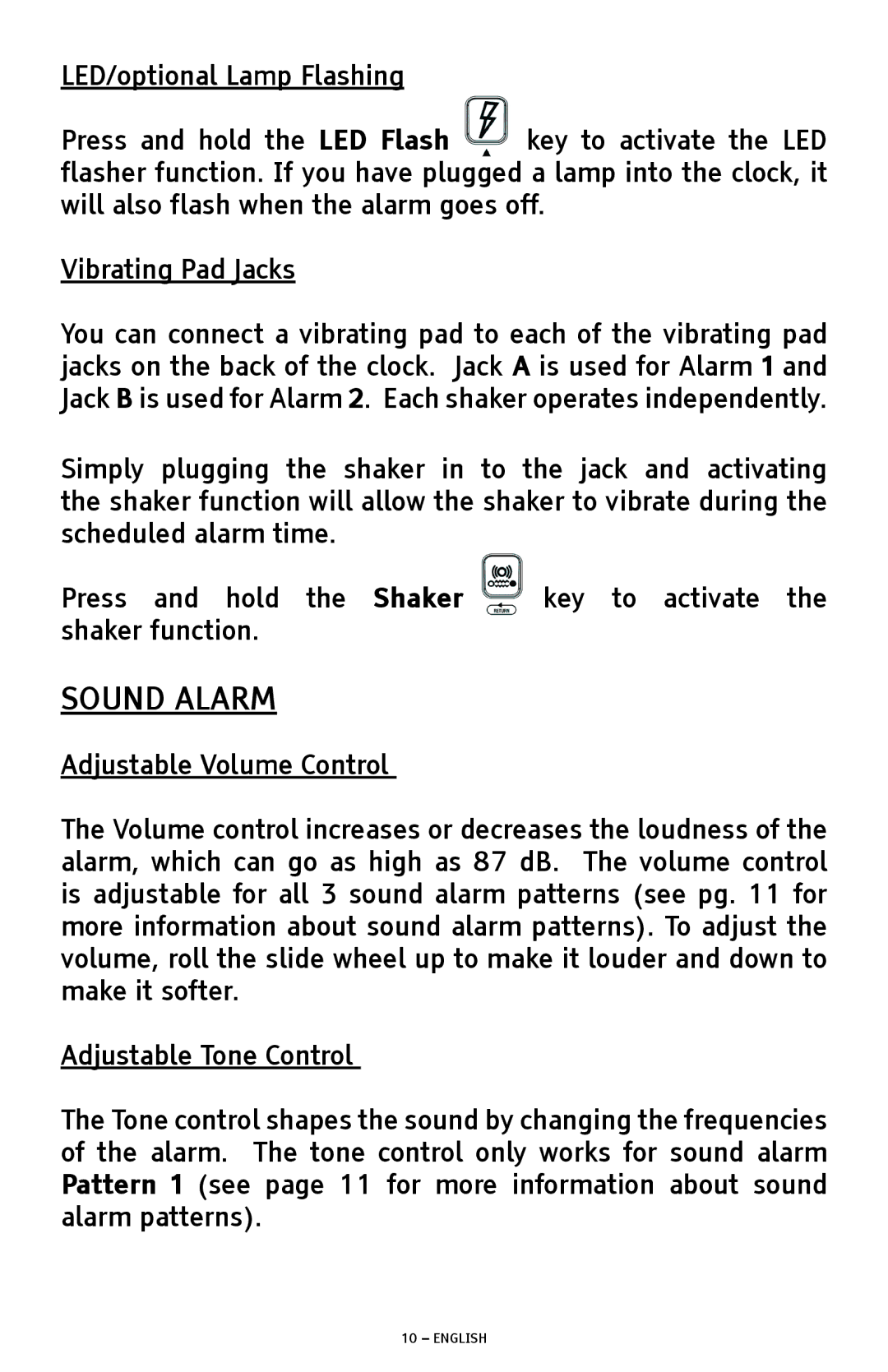 ClearSounds SW200 manual Sound Alarm, LED/optional Lamp Flashing, Vibrating Pad Jacks, Adjustable Volume Control 