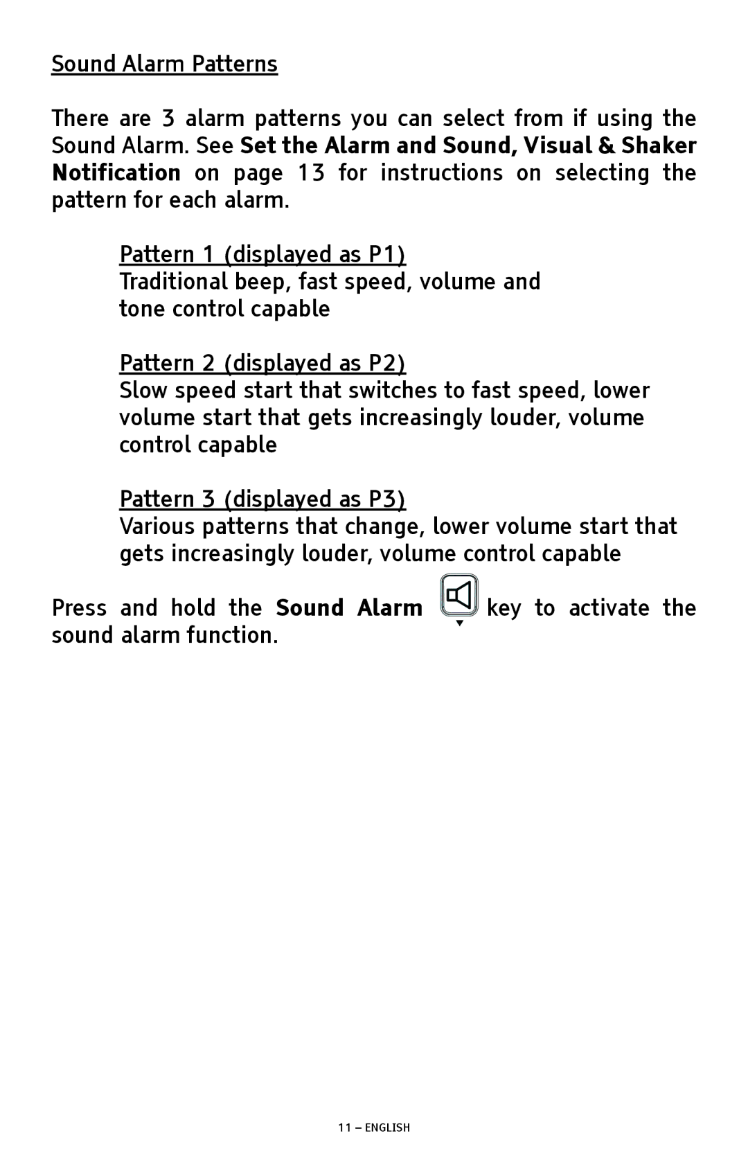 ClearSounds SW200 Sound Alarm Patterns, Pattern 1 displayed as P1, Pattern 2 displayed as P2, Pattern 3 displayed as P3 