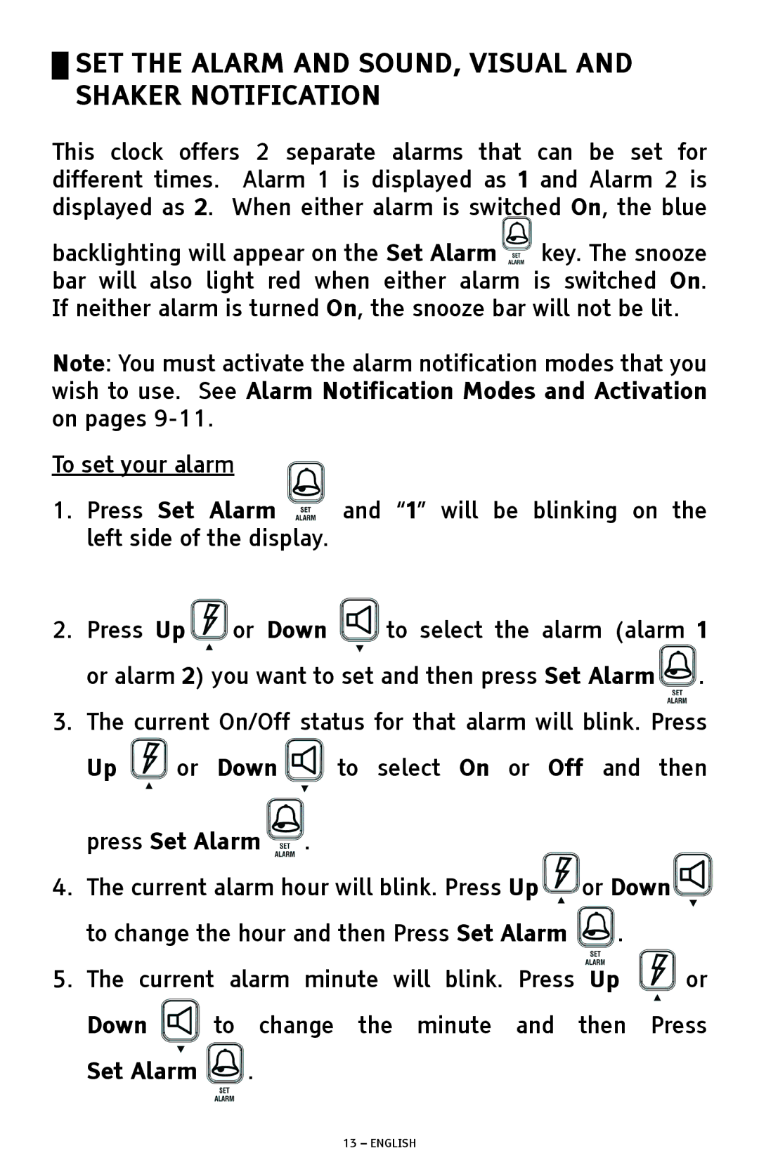 ClearSounds SW200 manual SET the Alarm and SOUND, Visual and Shaker Notification, To set your alarm 