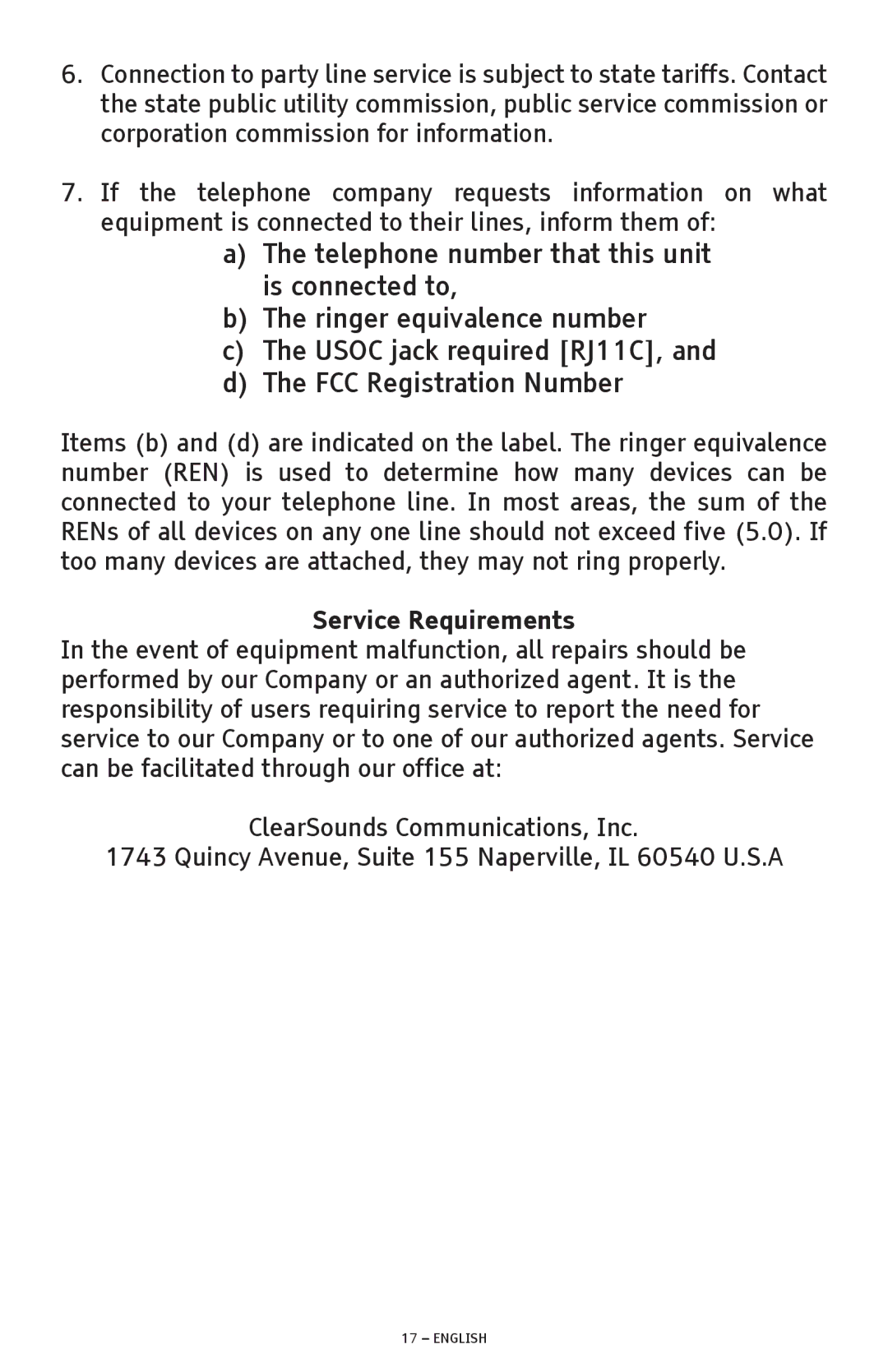 ClearSounds SW200 manual Service Requirements 