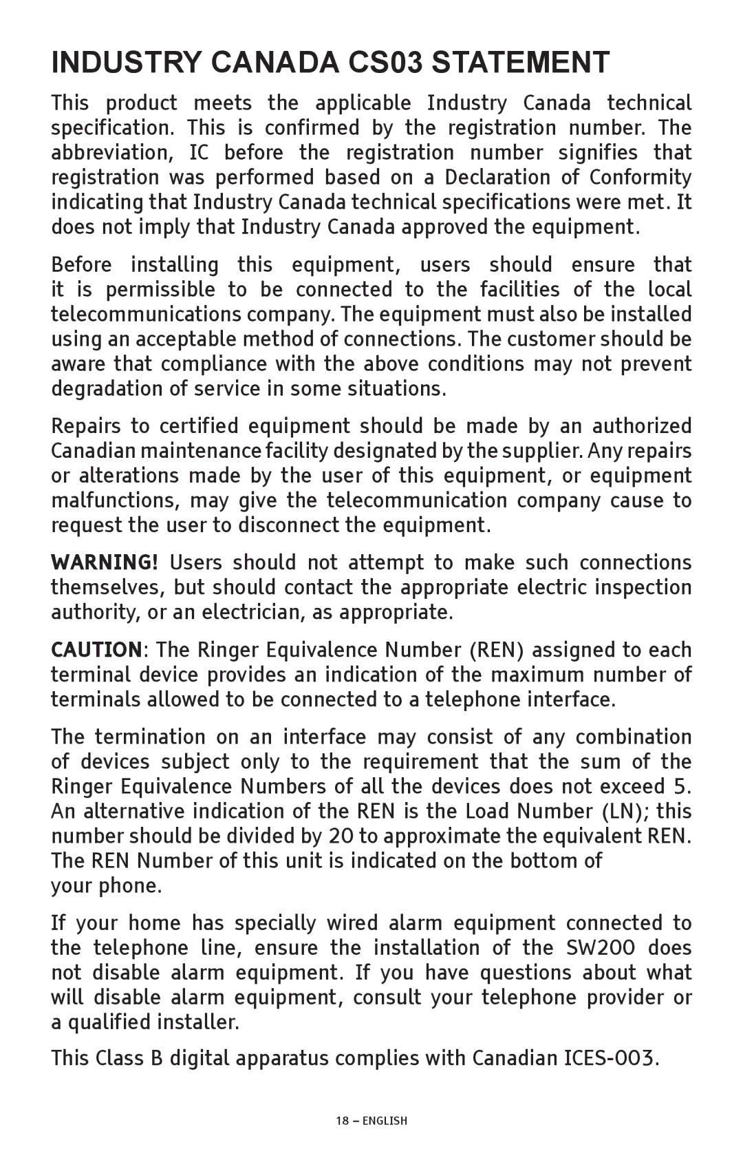 ClearSounds SW200 manual Industry Canada CS03 Statement 