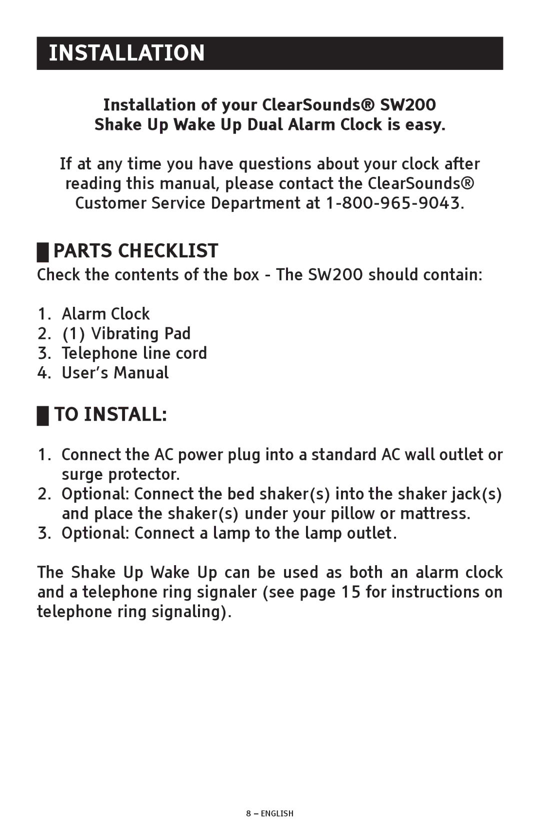 ClearSounds SW200 manual Installation, Parts Checklist, To Install 