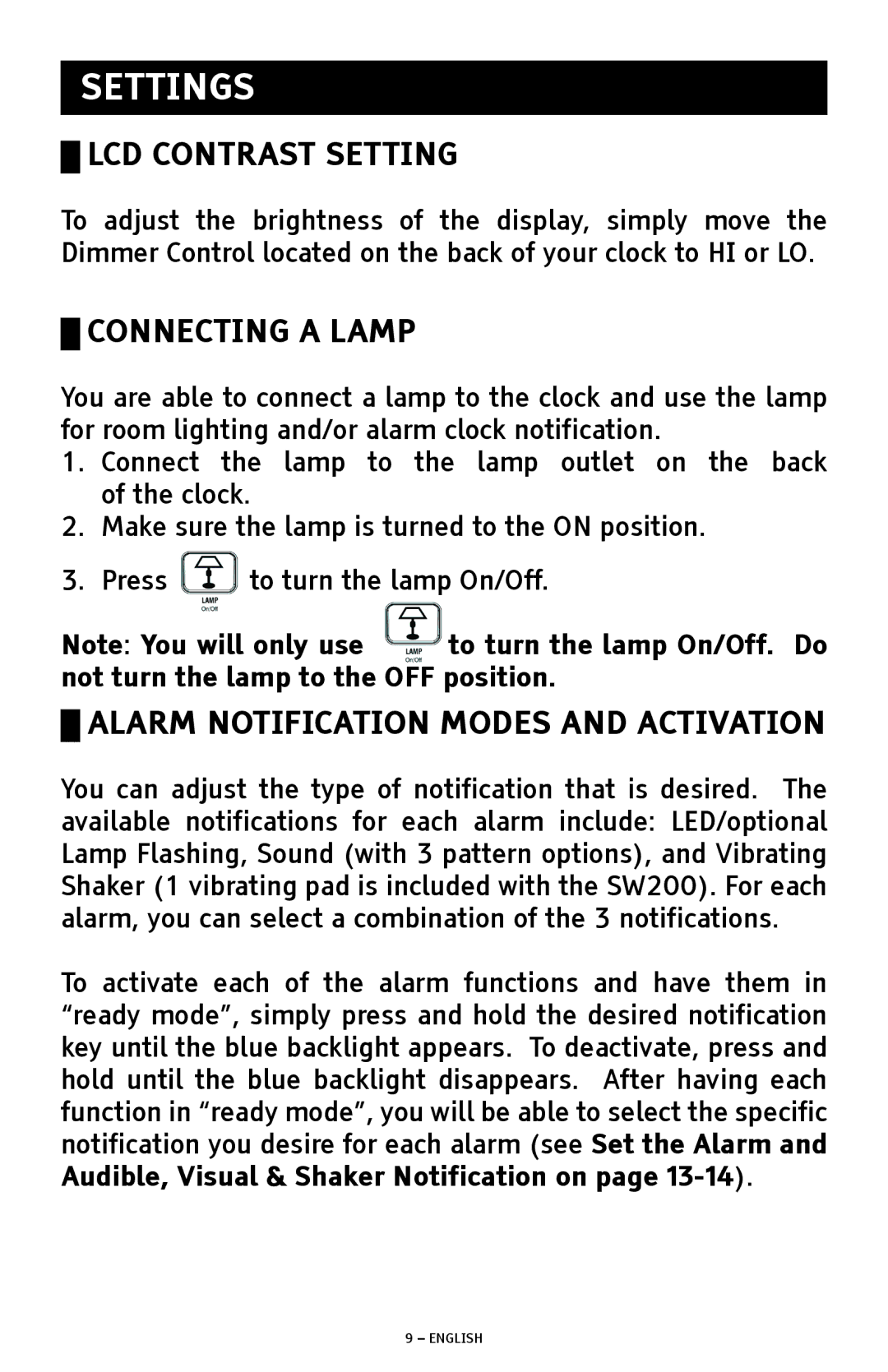 ClearSounds SW200 manual Settings, LCD Contrast Setting, Connecting a Lamp, Alarm Notification Modes and Activation 