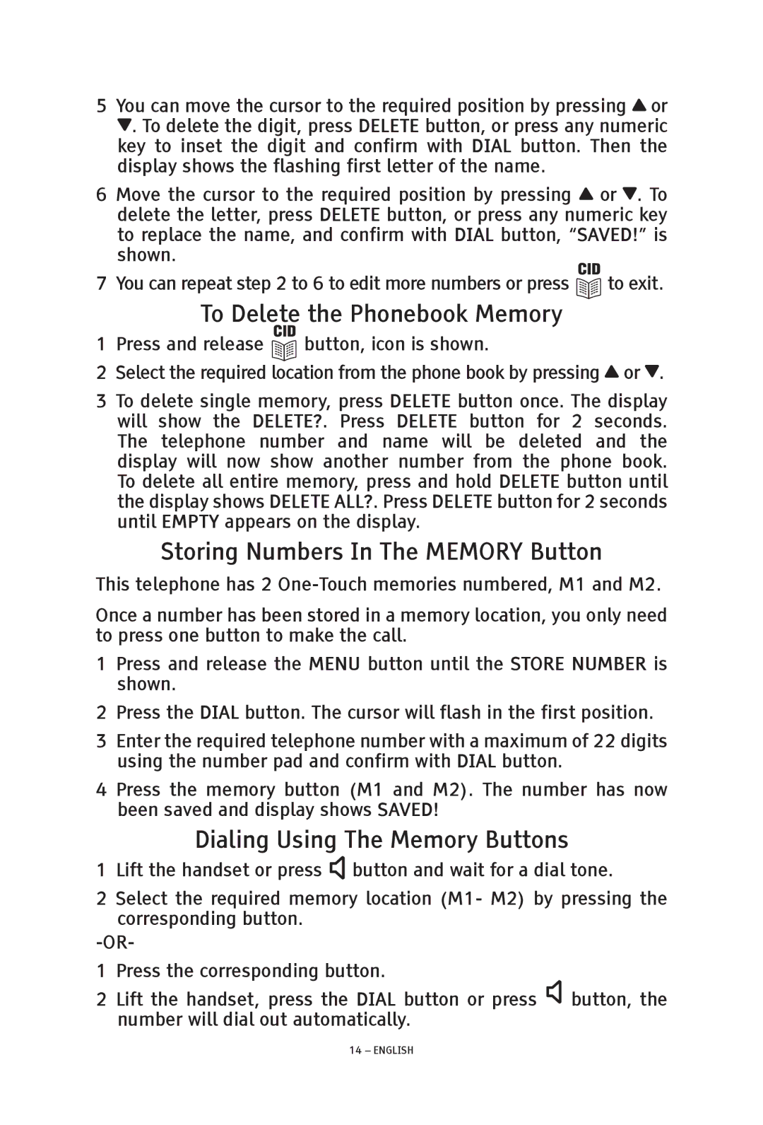 ClearSounds TALK500 ER manual To Delete the Phonebook Memory, Storing Numbers In The Memory Button 