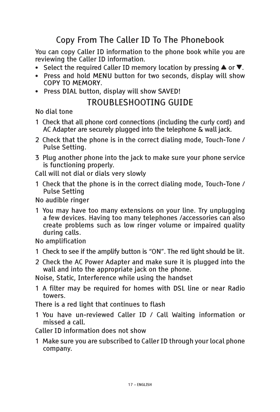 ClearSounds TALK500 ER manual Copy From The Caller ID To The Phonebook, Troubleshooting Guide 