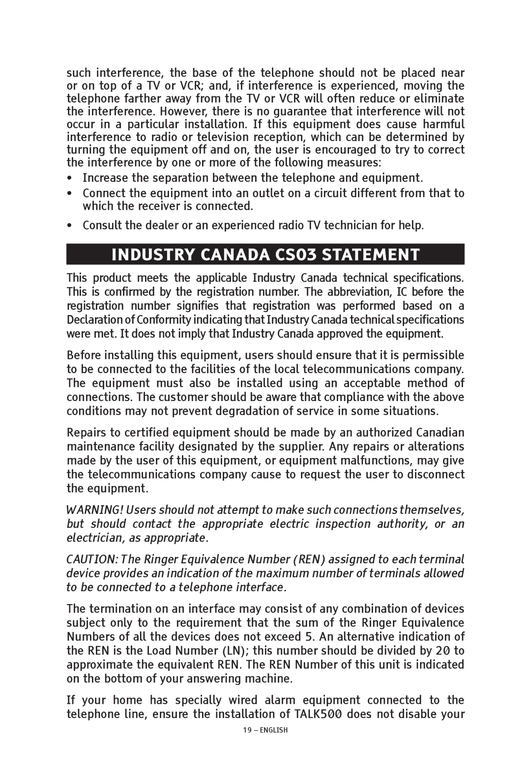 ClearSounds TALK500 ER manual Industry Canada CS03 Statement 