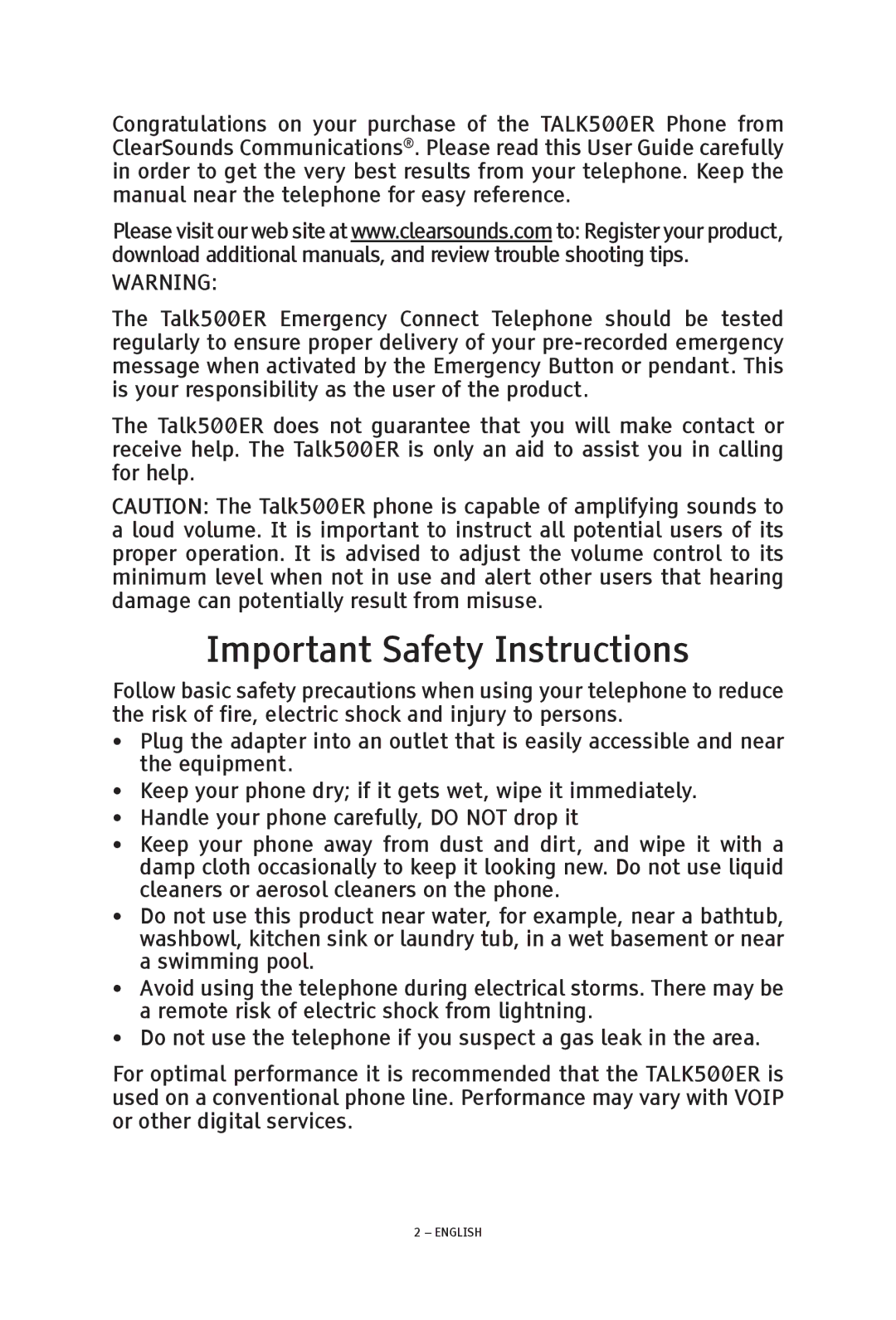 ClearSounds TALK500 ER manual Important Safety Instructions 