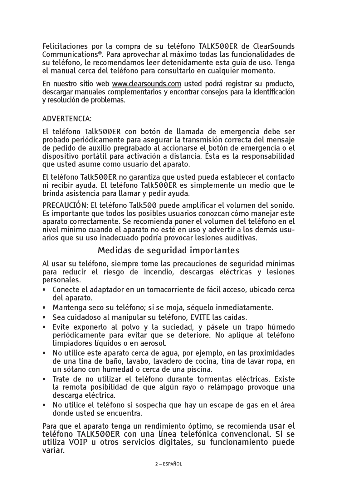 ClearSounds TALK500 ER manual Medidas de seguridad importantes, Advertencia 