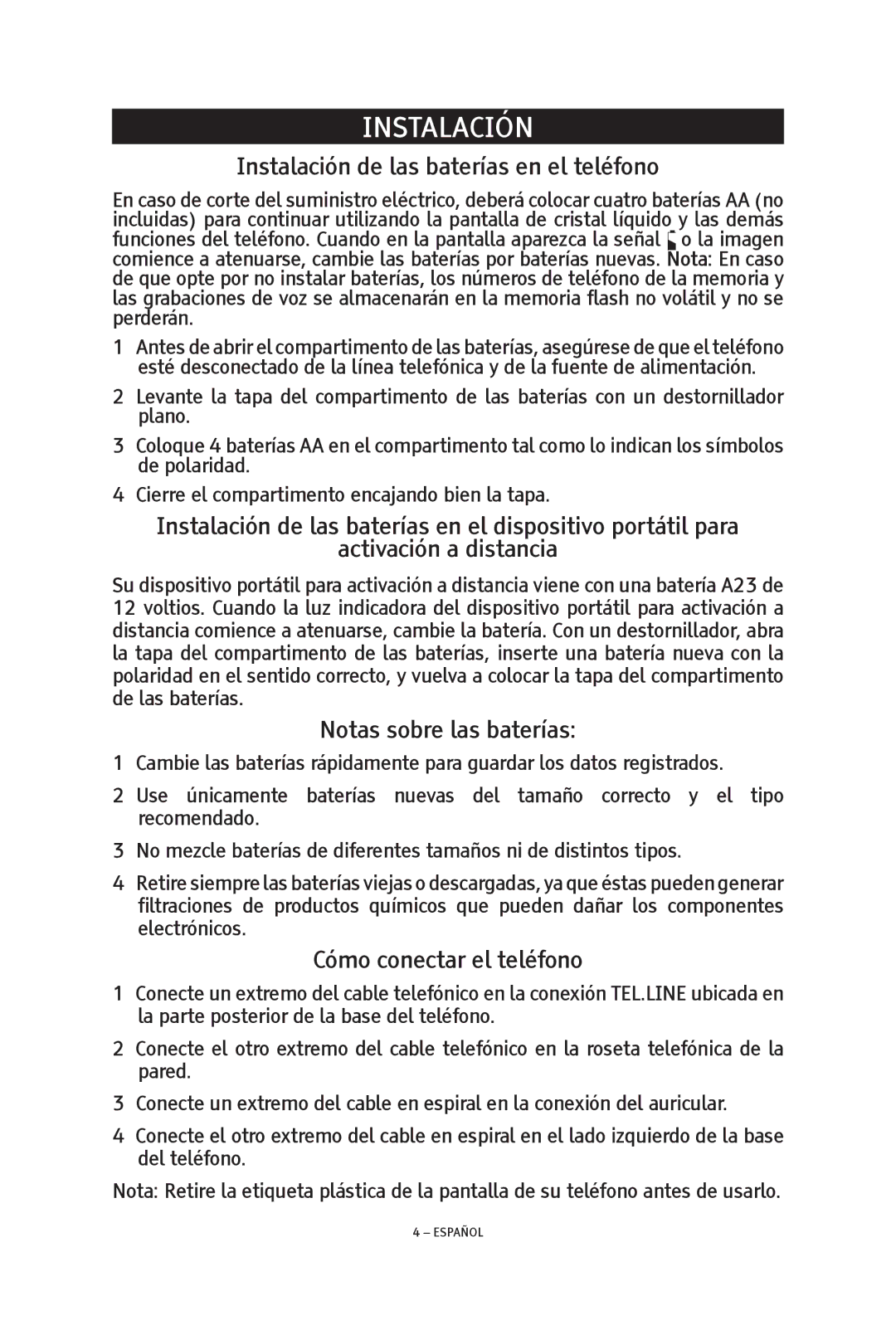 ClearSounds TALK500 ER Instalación de las baterías en el teléfono, Notas sobre las baterías, Cómo conectar el teléfono 