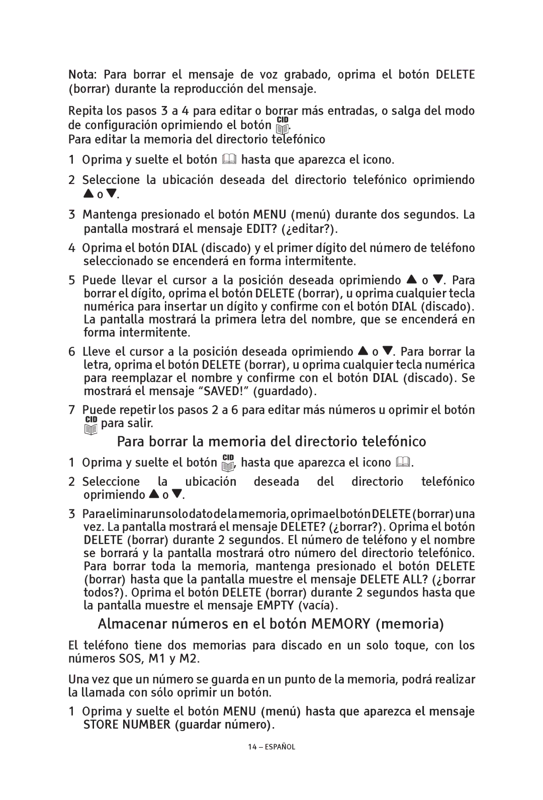 ClearSounds TALK500 ER Para borrar la memoria del directorio telefónico, Almacenar números en el botón Memory memoria 