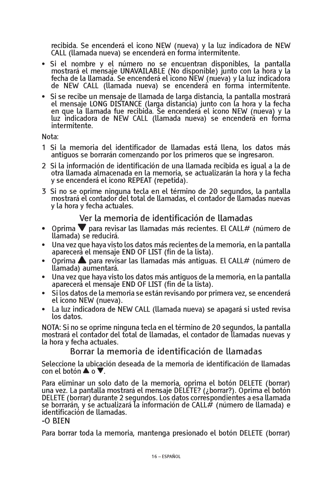 ClearSounds TALK500 ER manual Ver la memoria de identificación de llamadas, Borrar la memoria de identificación de llamadas 