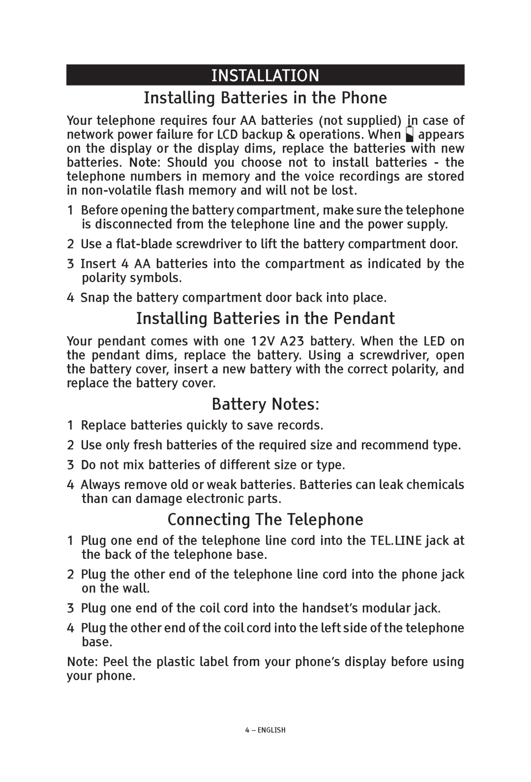 ClearSounds TALK500 ER Installation, Installing Batteries in the Phone, Installing Batteries in the Pendant, Battery Notes 