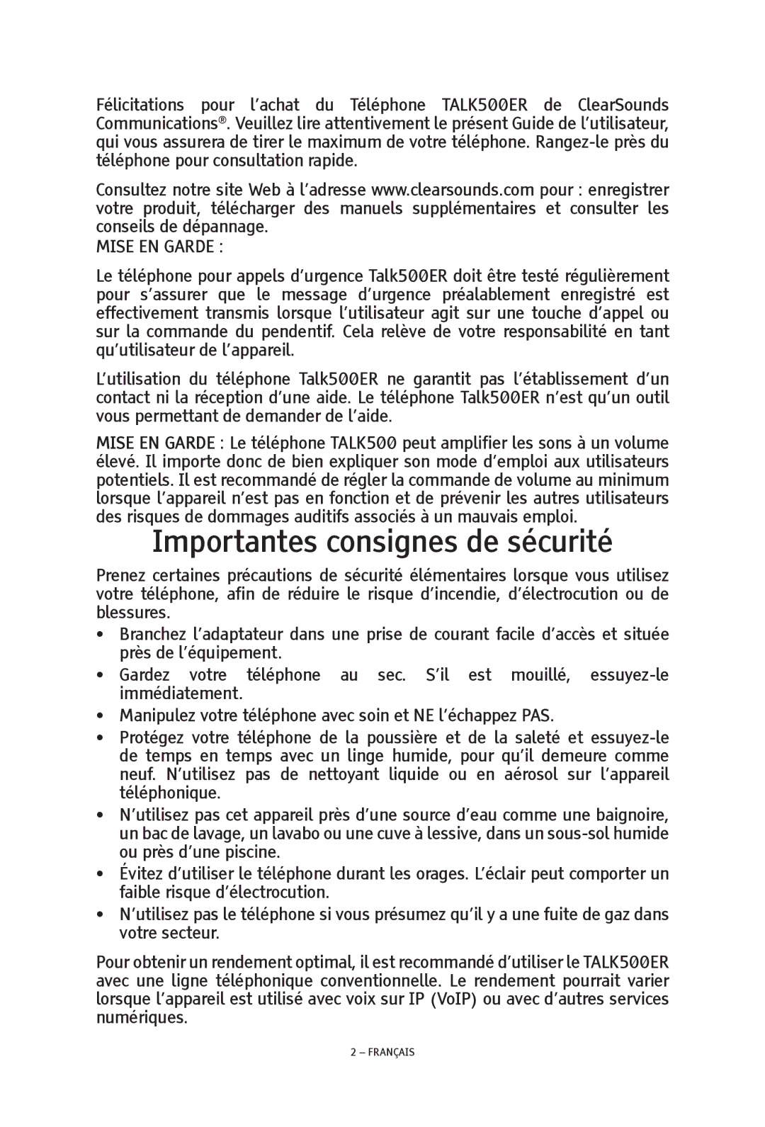 ClearSounds TALK500 ER manual Importantes consignes de sécurité 