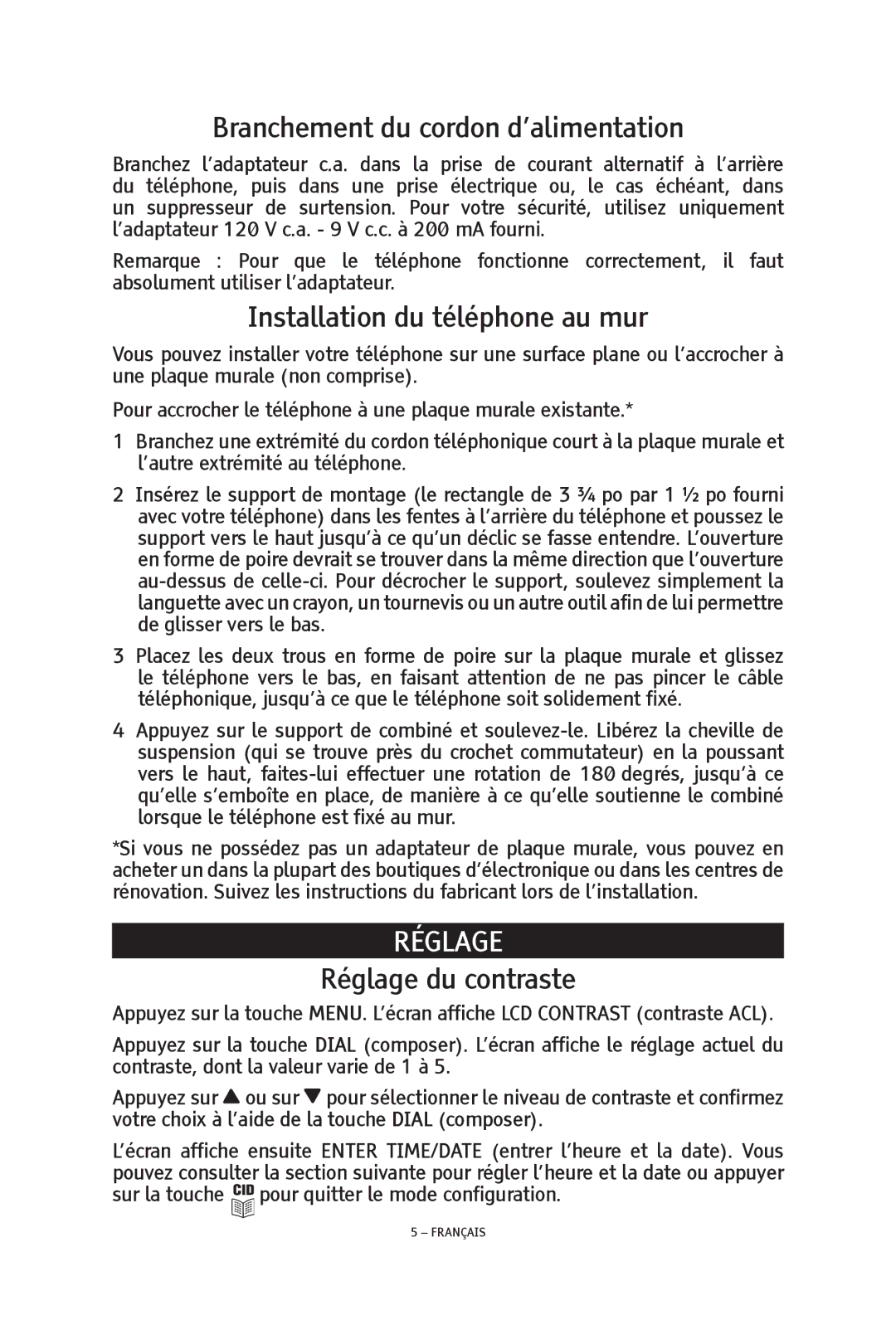 ClearSounds TALK500 ER manual Branchement du cordon d’alimentation, Installation du téléphone au mur, Réglage 