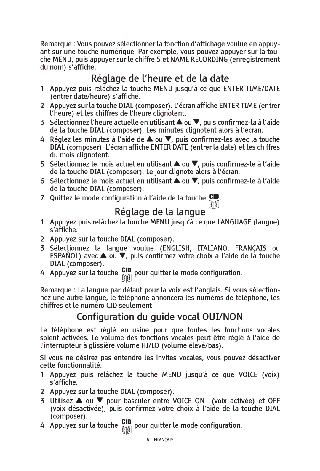 ClearSounds TALK500 ER manual Réglage de l’heure et de la date, Réglage de la langue, Configuration du guide vocal OUI/NON 