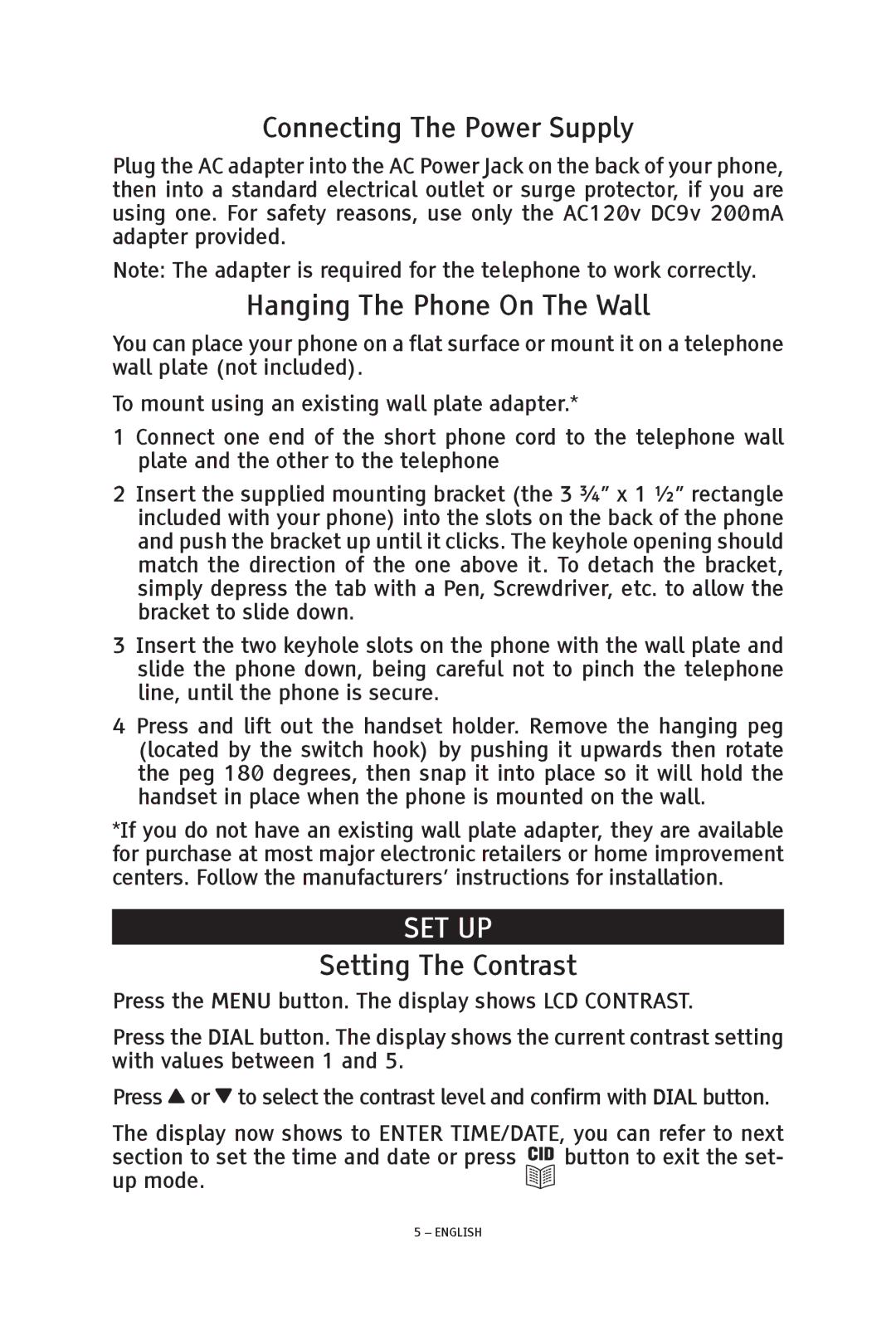 ClearSounds TALK500 ER manual Connecting The Power Supply, Hanging The Phone On The Wall, Set Up, Setting The Contrast 
