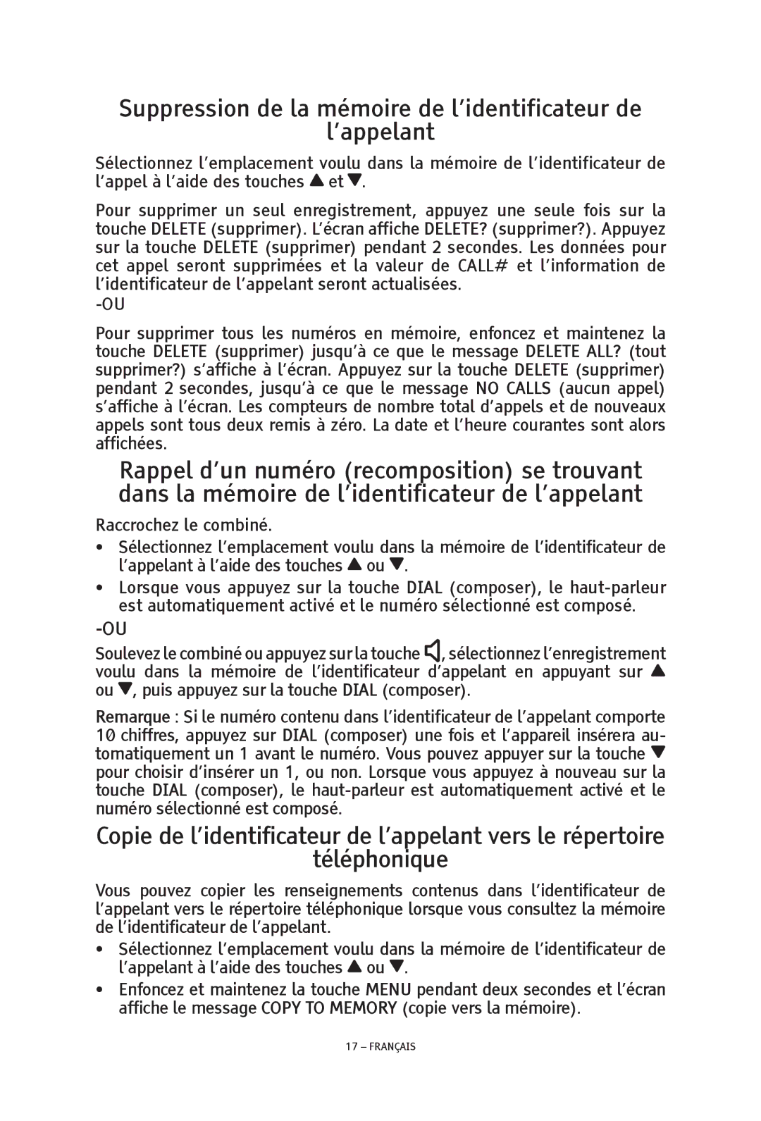 ClearSounds TALK500 ER manual Suppression de la mémoire de l’identificateur de ’appelant 