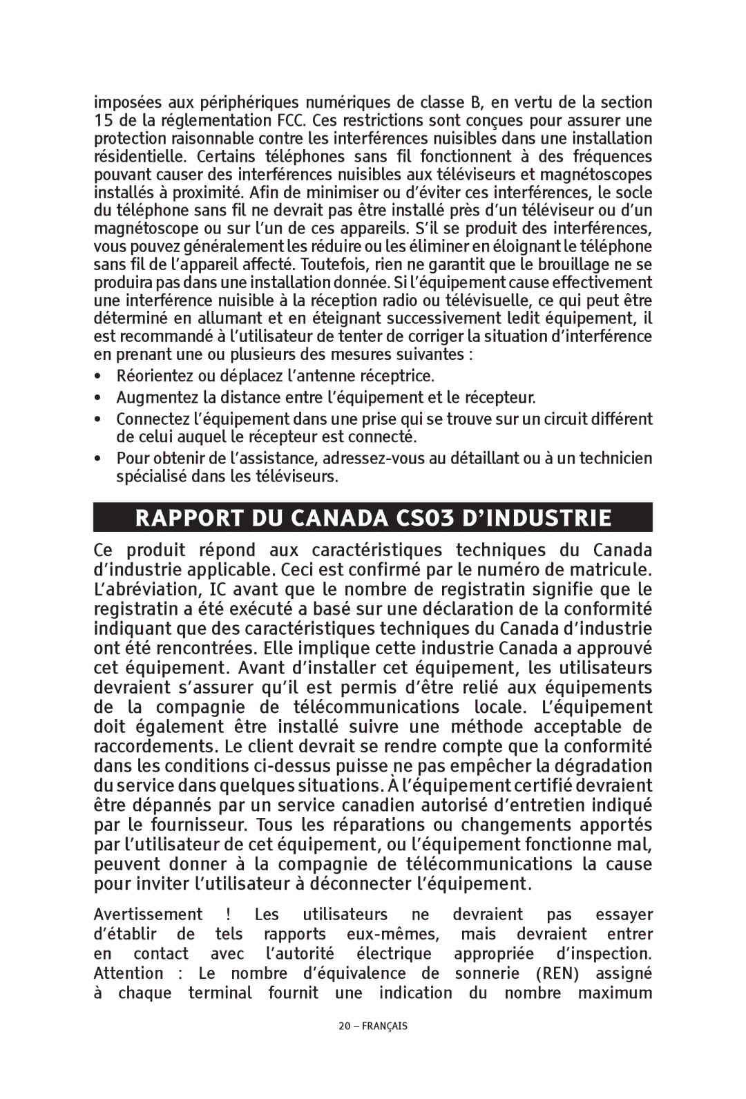 ClearSounds TALK500 ER manual Rapport du Canada CS03 d’industrie 