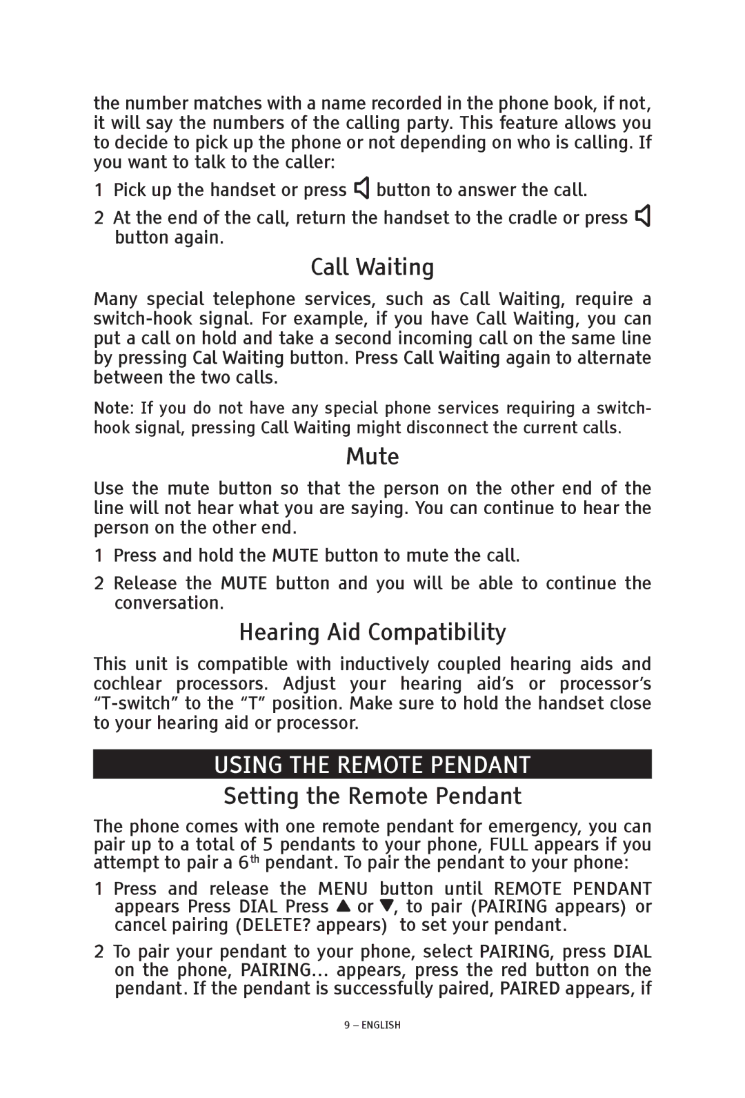 ClearSounds TALK500 ER Call Waiting, Mute, Hearing Aid Compatibility, Using the Remote Pendant, Setting the Remote Pendant 