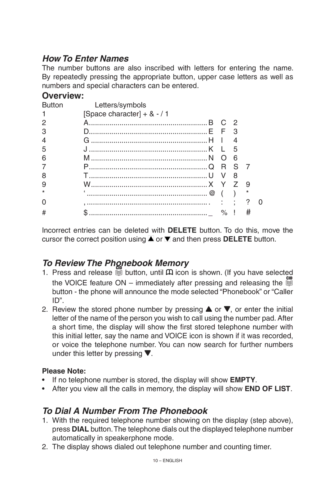 ClearSounds TALK500 manual How To Enter Names, To Review The Phonebook Memory, To Dial a Number From The Phonebook 