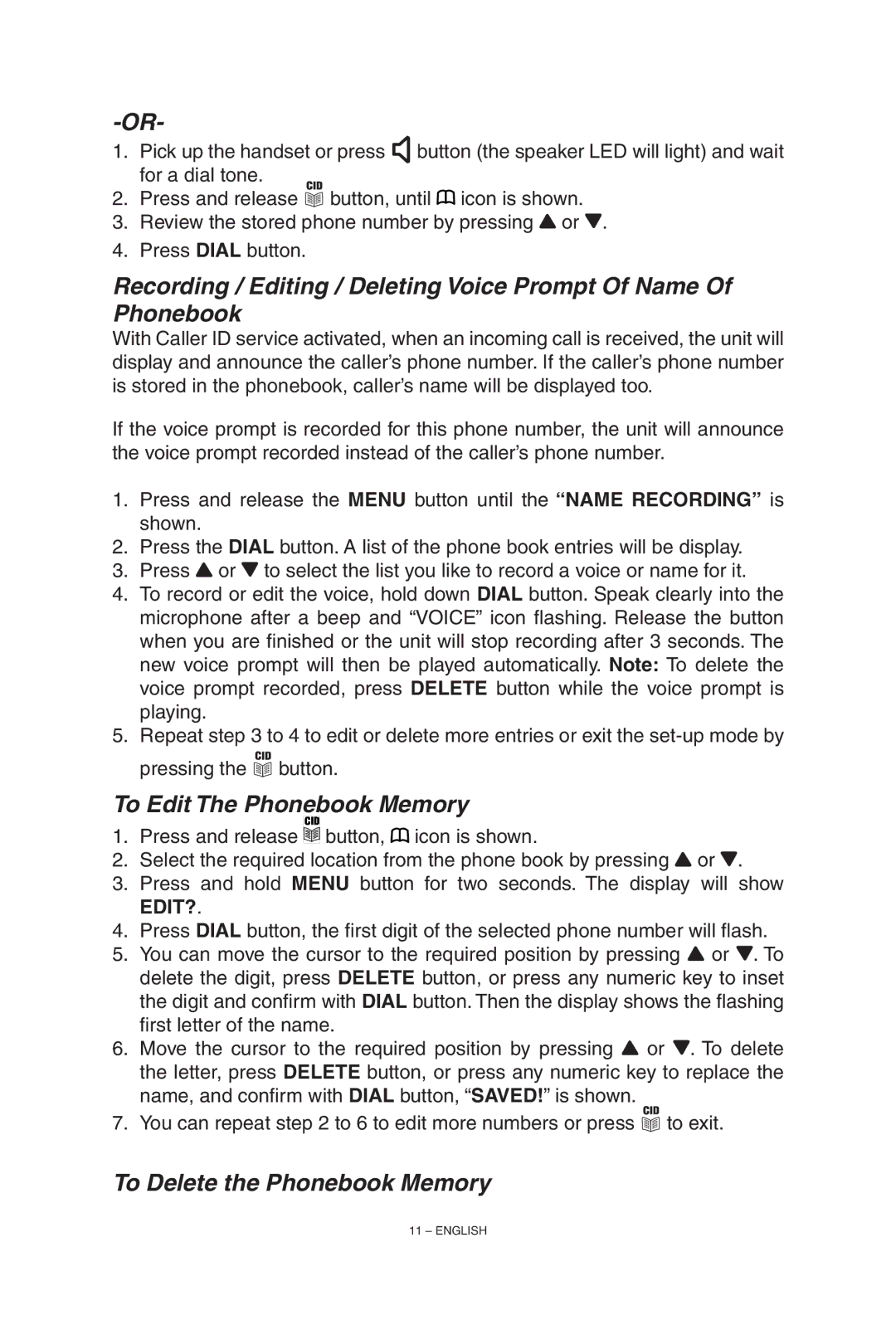 ClearSounds TALK500 manual To Edit The Phonebook Memory, To Delete the Phonebook Memory 