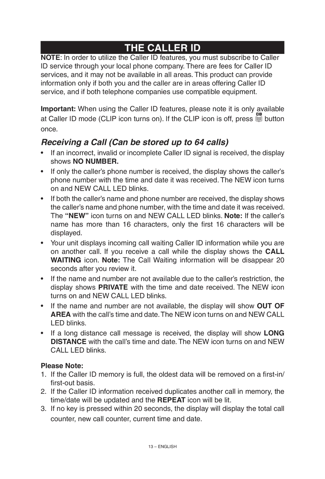 ClearSounds TALK500 manual Caller ID, Receiving a Call Can be stored up to 64 calls 