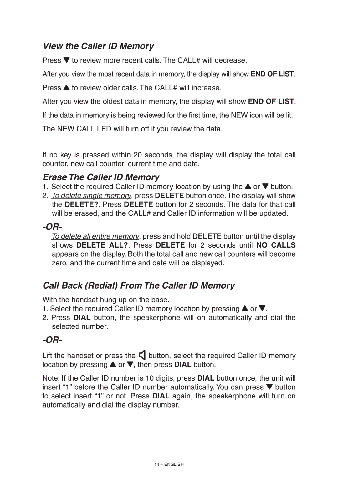 ClearSounds TALK500 View the Caller ID Memory, Erase The Caller ID Memory, Call Back Redial From The Caller ID Memory 