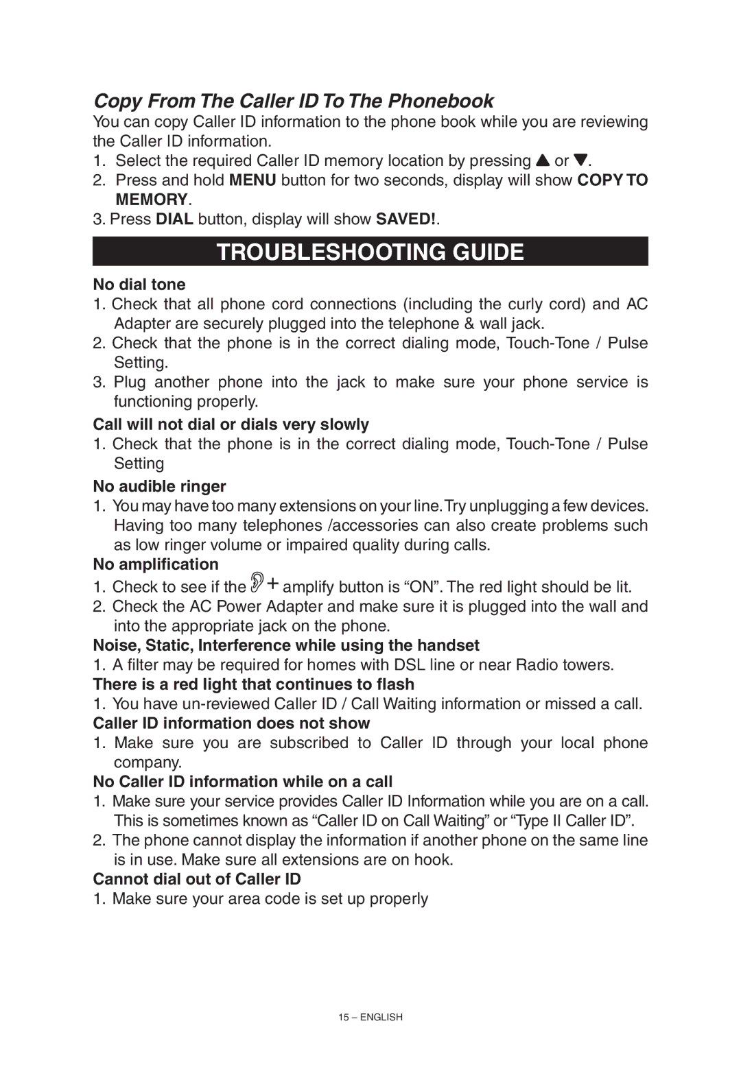 ClearSounds TALK500 manual Troubleshooting Guide, Copy From The Caller ID To The Phonebook 